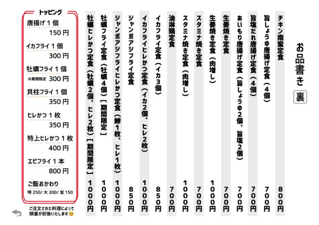 とんかつ和紀お品書き裏